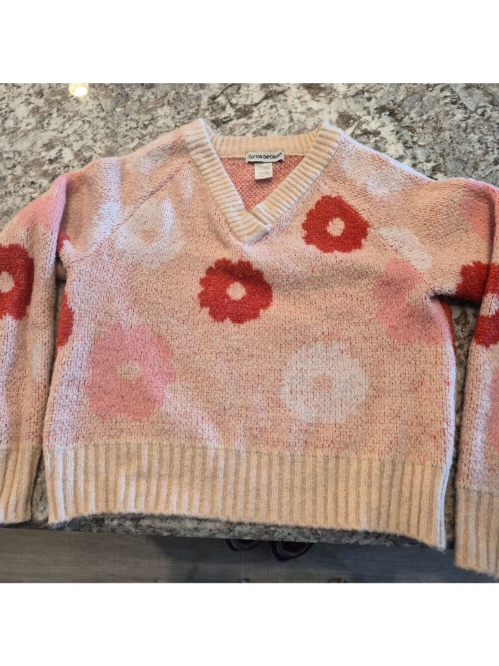 Cotton Emporium Pink & Red Floral Knit Sweater V-Neck Large Acrylic Blend SZ L
